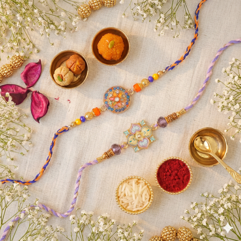Set of 2 Royal Mandala & Lotus Designer Rakhi for Brother & Bhavi, Multicolor