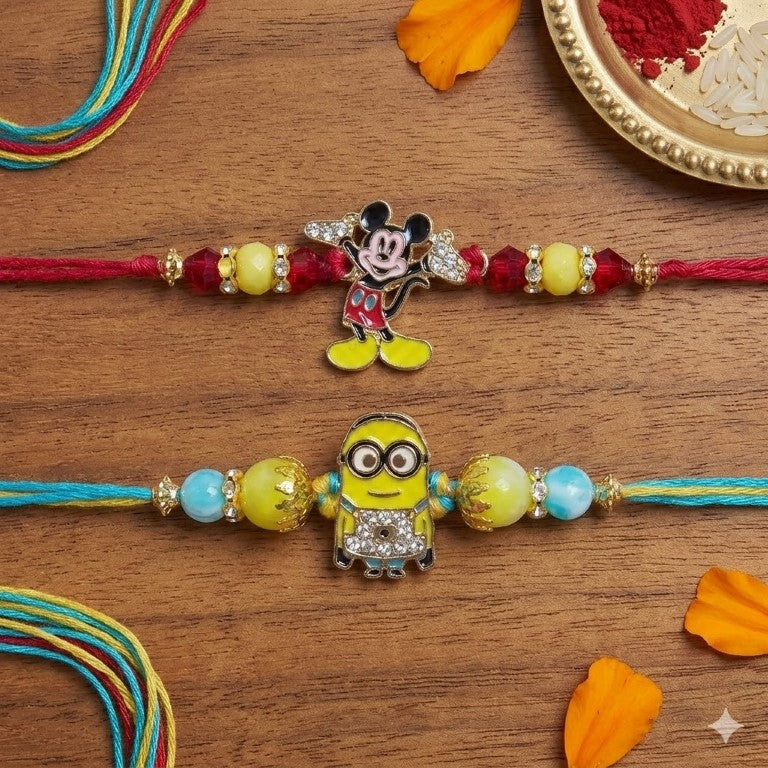 Kids Cartoon Rakhi Set of 2 | Mickey & Minion Designer Rakhi for Brother