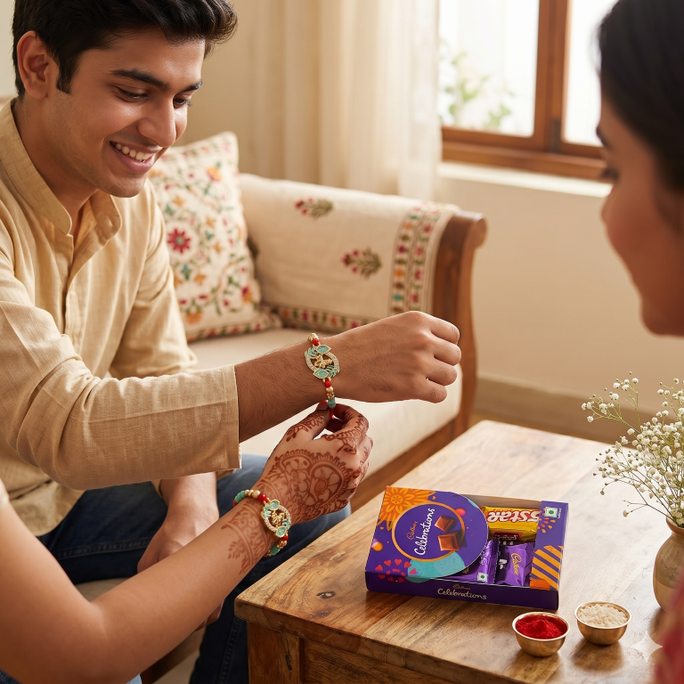 Rakhi Gift Set with 2 Lakshmi Ganesha Rakhi Set, Roli Chawa, Sipra, Key Chain and chocolate box