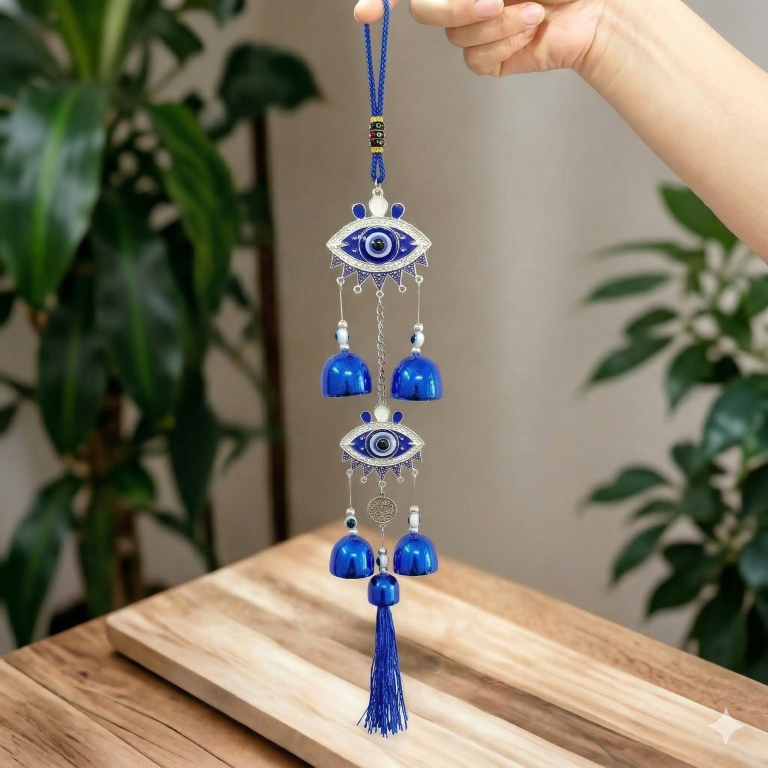 Evil Eye Hanging Nazar Battu for Home House Entrance Protection Door Decoration, Car Mirror Hanging, Housewarming Gift (Wind Chime Evil Eye)