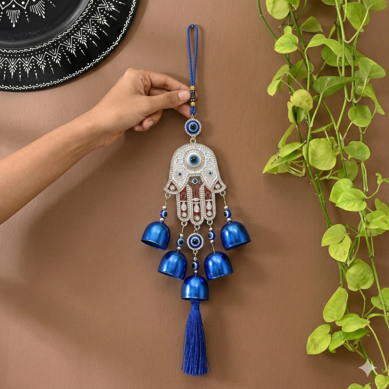 Hamsa Hand Evil Eye Wind Chimes for Good Luck Prosperity, Zodiac Success, Health Wealth Evil Eye Charm for Balcony, Home Entrance, Living Room Handcrafted Home Decor for Gift (White Red)