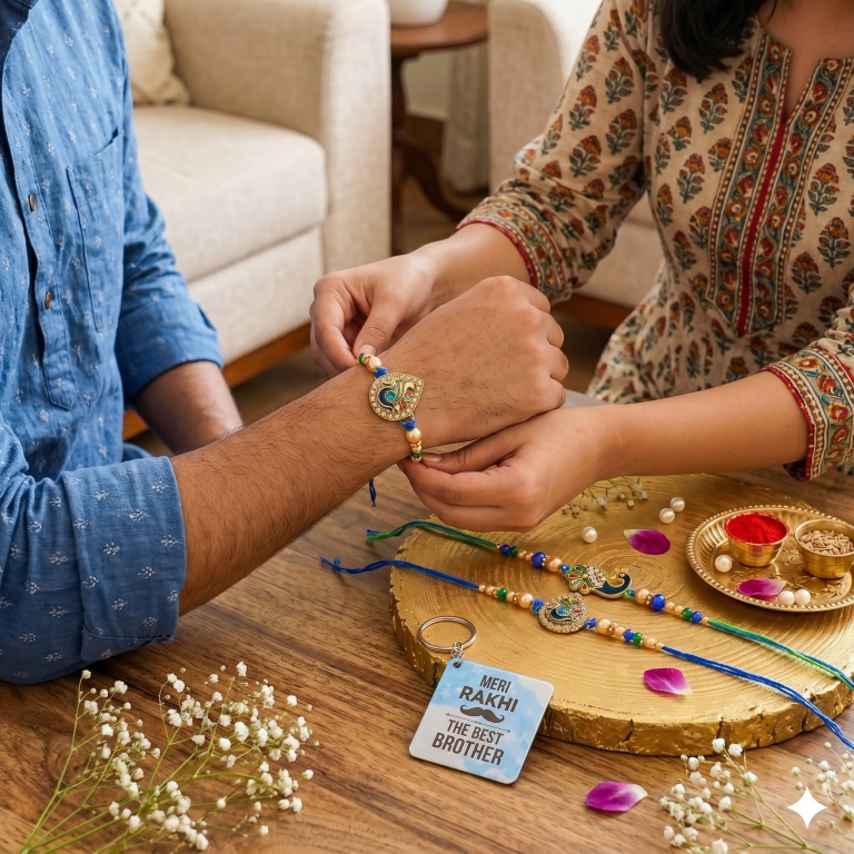 Rakhi Gift Set for Bhai with 3 Royal Peacock Rakhi Trio, Roli Chawa, Sipra, Key Chain and chocolate box
