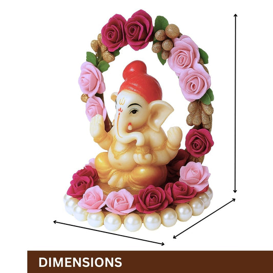 Tiny Shiny Lord Ganesha Idol with Floral Arch and  Pearl Bead Plate
