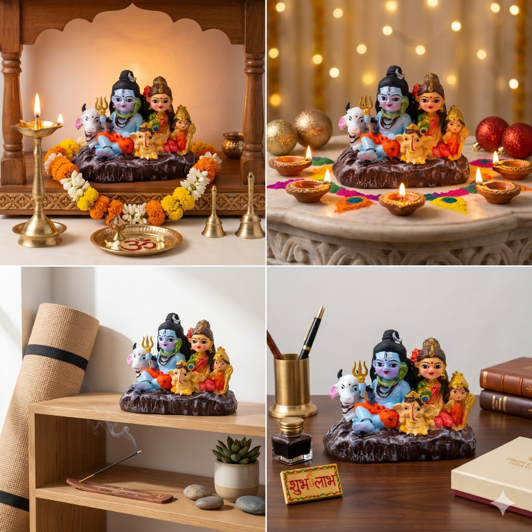 Divine Shiv Parivar Miniature Idol - Shiva, Parvati, Ganesha, Kartikeya & Nandi | Hand-Painted Spiritual Decor (7.5 cm)
