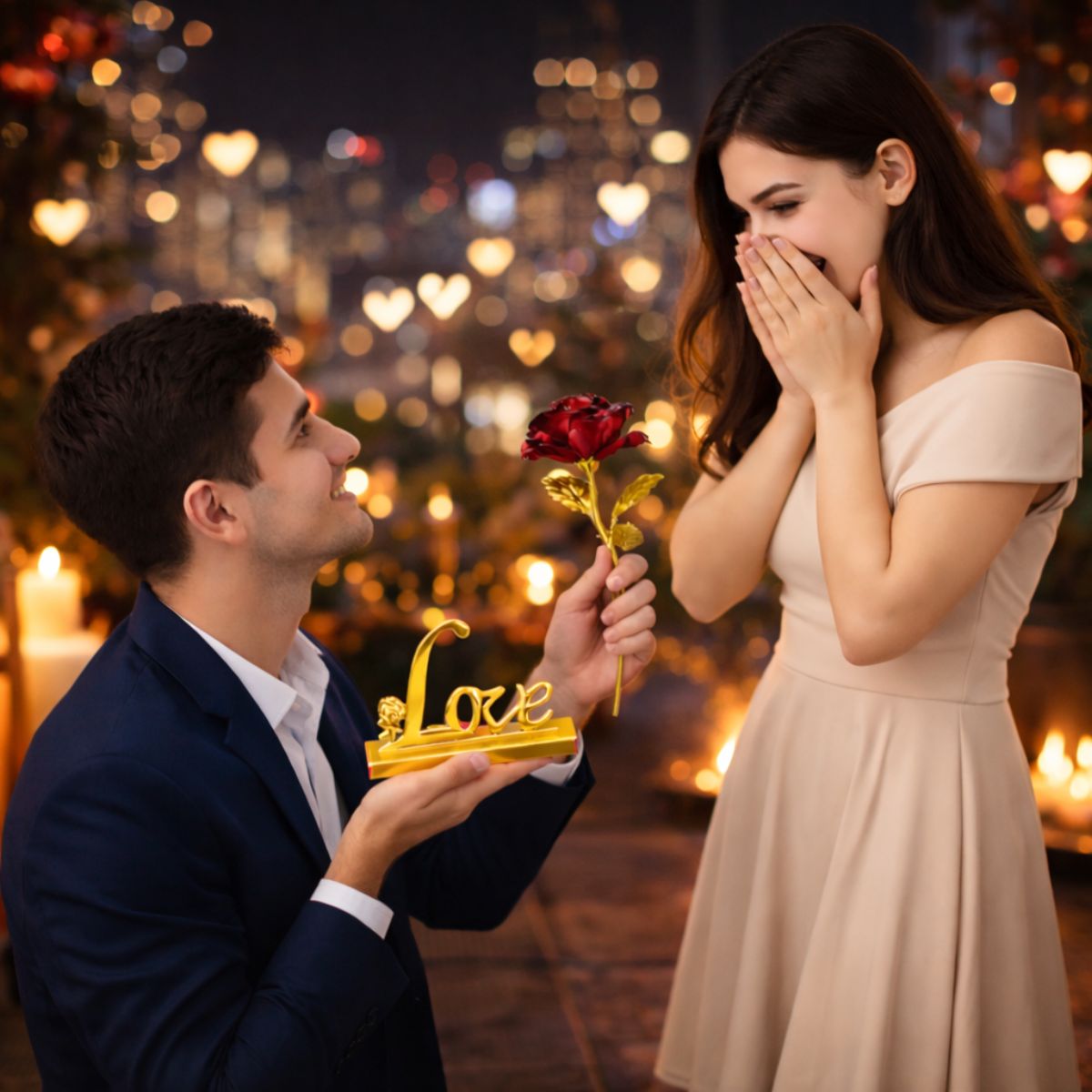 Gold Foil Rose with Teddy and Love Stand Gift Set