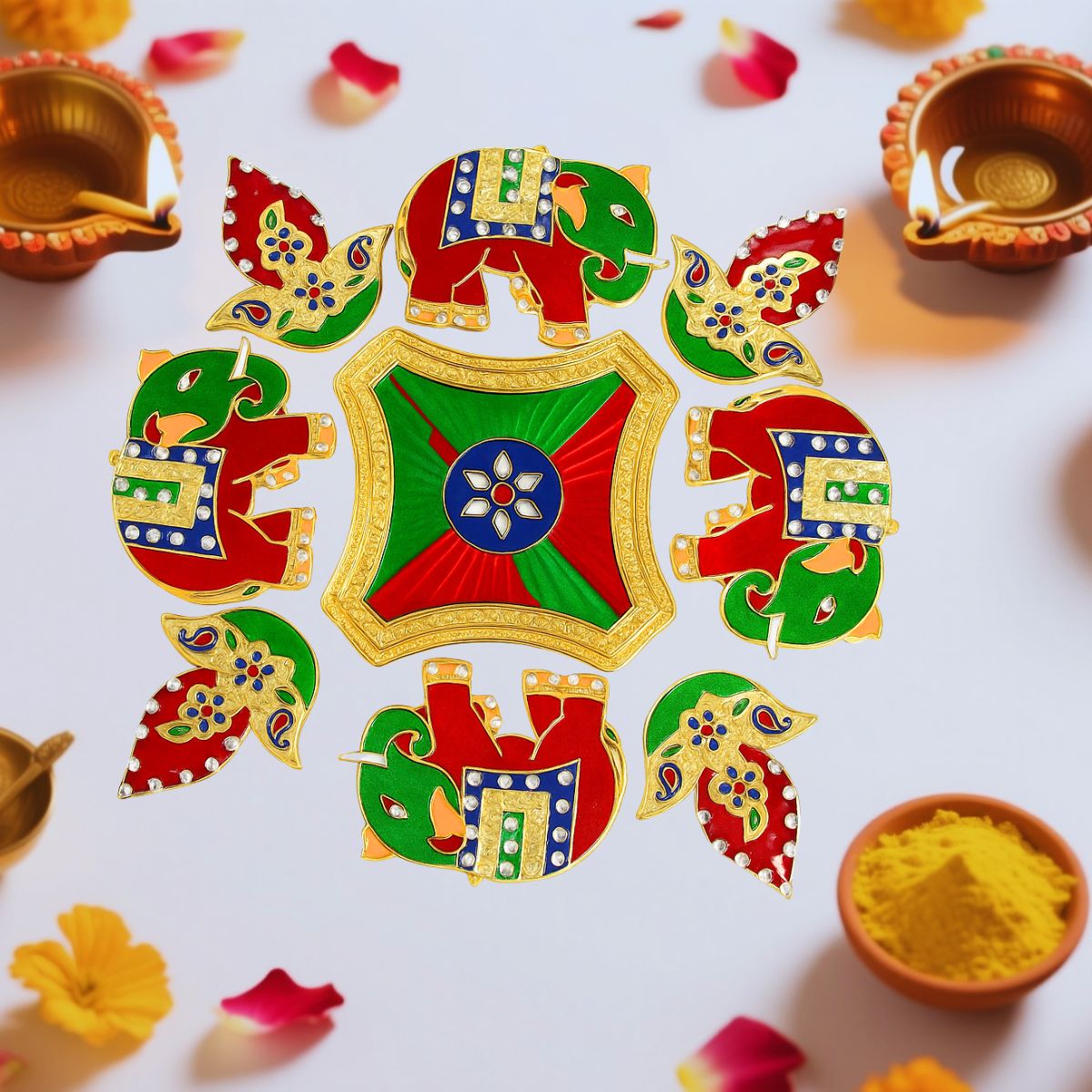 Diya Elephant Meena Stone Rangoli
