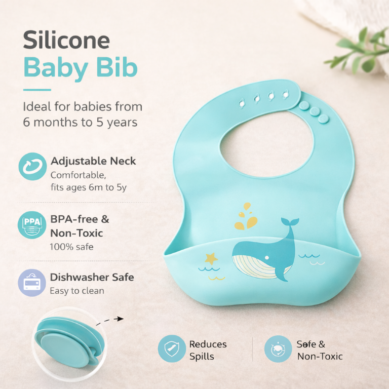Tiny Shiny Silicone Bib for Baby Food Feeding BPA Free, Adjustable Straps Waterproof Built-in Food Pocket Mess Free Ideal for Babies 6 to 36 Months