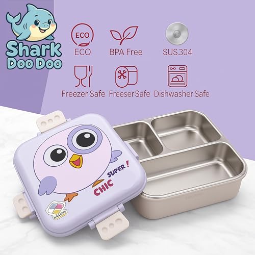 2 Layer Kids Lunch Box with Steel Inner, 3 Compartments Leak Proof Airtight BPA Free Bento Tiffin Box 1120 ML with 70 ML Sauce Cup for School Picnic Boys Girls (Lavender Chick) 1120ml + 70ml