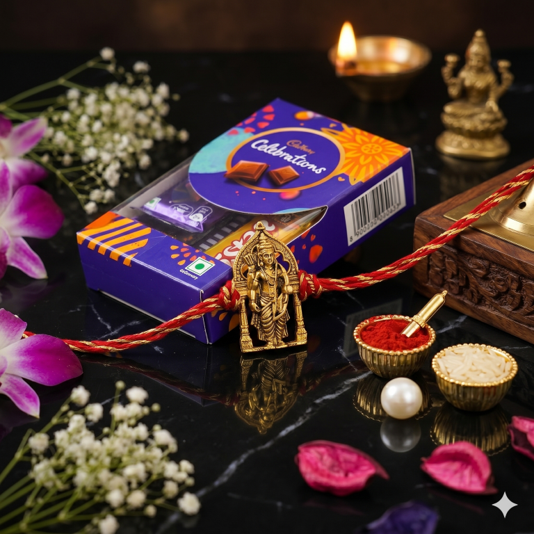 Rakhi Gift Set Brother with Tirupati Ram Lalla Rakhi, Roli Chawa, Sipra, Key Chain and chocolate box
