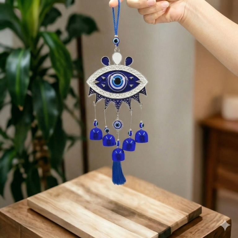 Evil Eye Hanging Nazar Battu for Home House Entrance Protection Door Decoration, Car Mirror Hanging, Housewarming Gift (Wind Chime Evil Eye)
