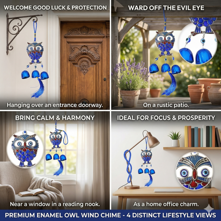 Evil Eye Hanging Nazar Battu for Home Entrance, Door & Wall Decoration | Turkish Evil Eye Big Size Hanging | Moon Design Wall Hanging for Protection & Positivity (3 Bell owl)