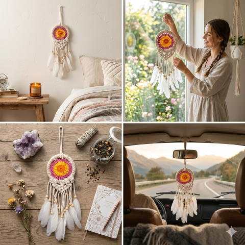 Handmade Evil Eye Dreamcatcher Wall Hanging – Blue & White Crochet Dream Catcher with Feathers & Beads – Boho Home Décor, Protection & Good Luck Charm