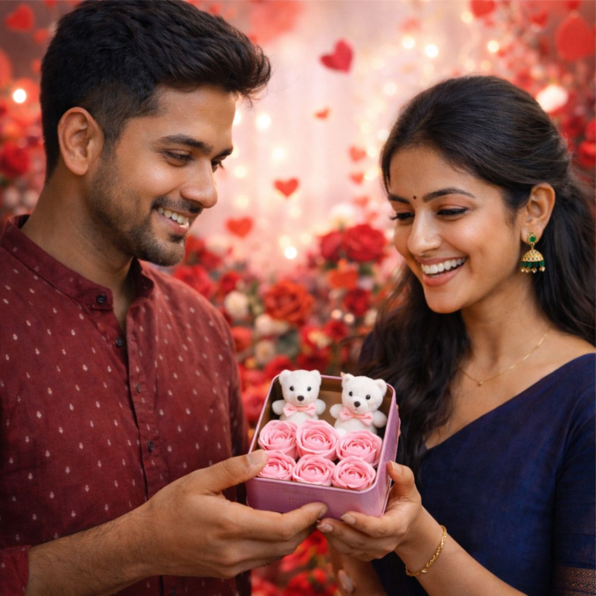 Premium Valentine Pink Square Shape Box with 6 Pink Roses, 2 Teddy