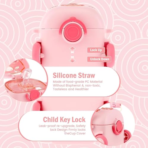 Bus Water Bottle For Kids With Strap, Sipper, & Straw | Leakproof, Bpa Free With Lock, 500 Ml | Tritan Water Bottle For School Kids | Cute Bus Shaped Water| (PINK-COLOR)