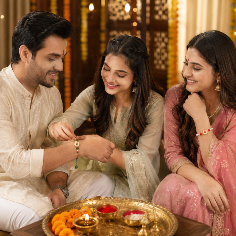 Bhai Bhabhi Rakhi Set | Designer Rakhi & Pearl Lumba Bracelet