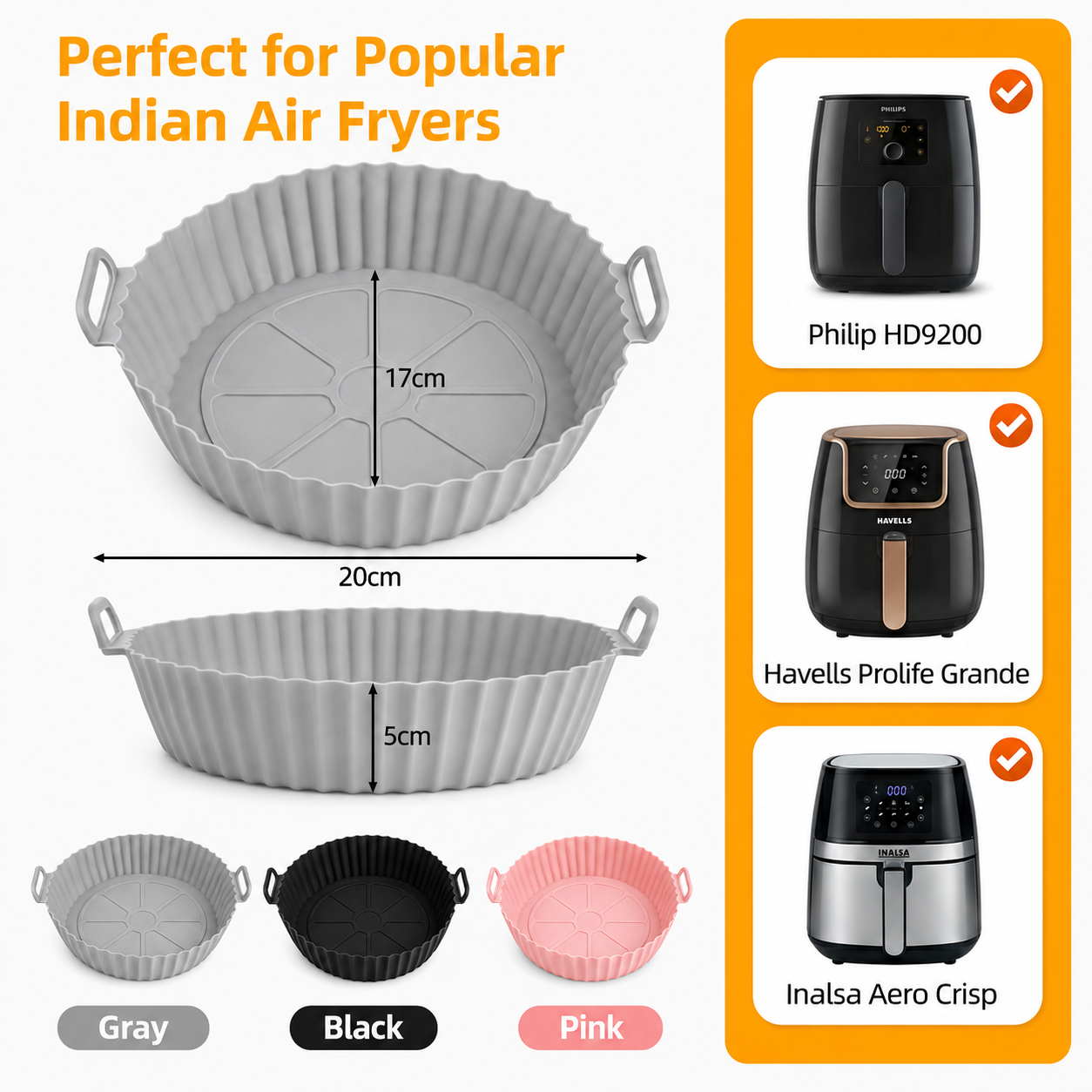 Air Fryer Liners I Round Silicone Basket Baking Tray I Pot with Ear Handles I Nonstick Reusable Heat Resistant I Cooking Oven Insert Accessories - Multicolor (Pack of 3)