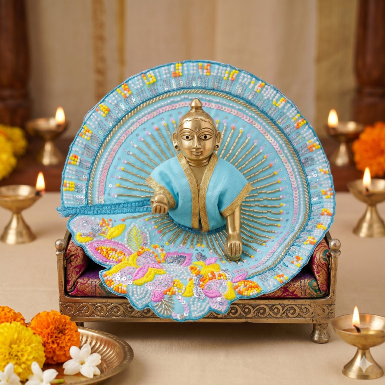 Tiny Shiny Laddu Gopal Poshak Thakur Ji Dress Heavy Designer Dress for Kanha Ji Fancy Dress for Bal Krishna Janmaasthmi Special for Ladoo Gopal Ji (Size-3 to 5)