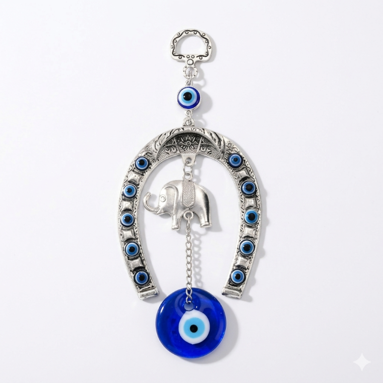 Glass Turkish Silver Horse Shoe Blue Evil Eye Hanging Ornament with Elephant Home Entrance Protection Amulet for Good Luck & Prosperity Main Door & Wall Décor