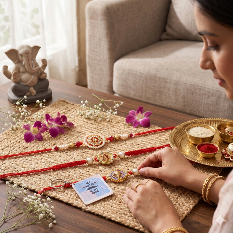 Rakhi Gift Set for Bhai with 3 Krishna Ganesha Rakhi Set, Roli Chawa, Sipra, Key Chain and chocolate box