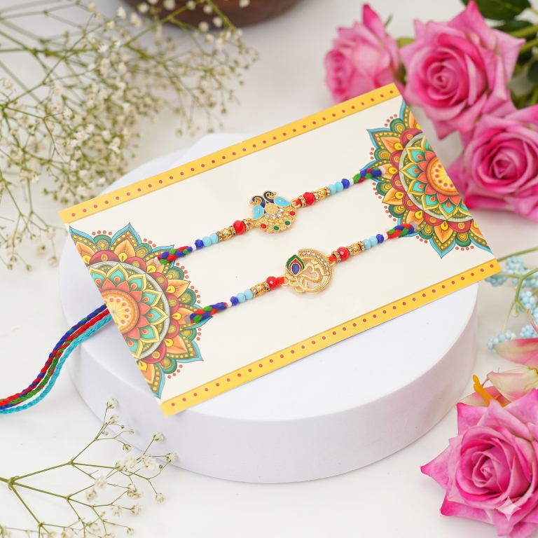 Rakhi Gift Set with 2 Peacock & Om Rakhi Set, Roli Chawa, Sipra, Key Chain and chocolate box