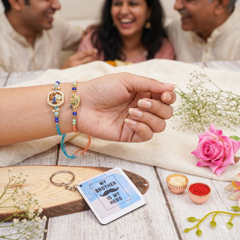 Set of 2 Bluebird & Peacock Rakhi Set for Brother, Bhai, Multicolor
