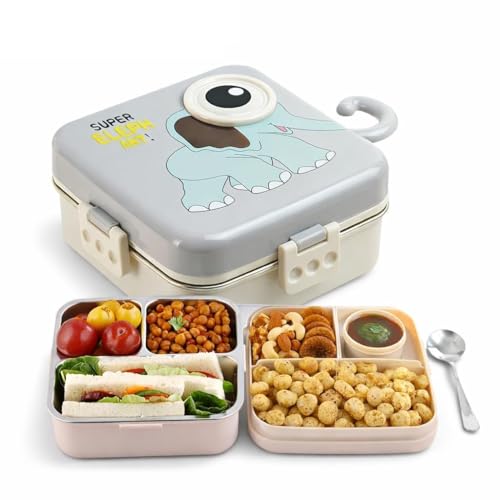 Cute Elephant Bento Lunch Box for Kids | 3 Compartment Leak-Proof BPA-Free Tiffin | Cartoon Elephant Design with Airtight Lid & Lock Clips | School, Travel & Picnic Lunch Container | Lunchbox (Grey) (1120ml + 70ml)