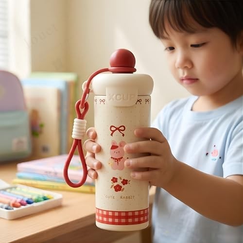 Cute Rabbit Stainless Steel Kids Water Bottle with Straw & Carry Strap – Leakproof Insulated Flask for School