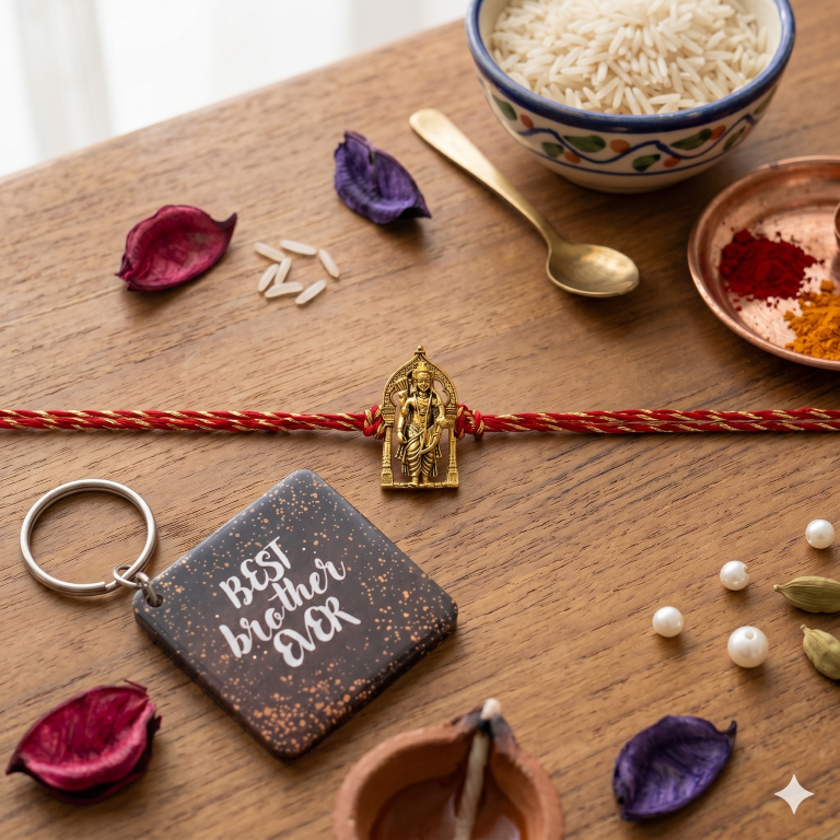 Rakhi Gift Set Brother with Tirupati Ram Lalla Rakhi, Roli Chawa, Sipra, Key Chain and chocolate box