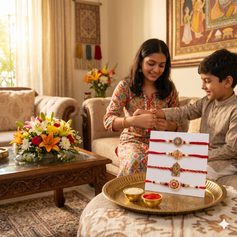 Set of 4 Premium Divine Rakhi Set for Brother, Bhai, Multicolor