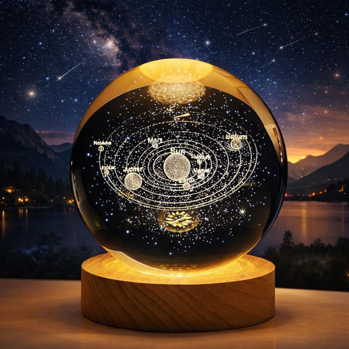 Tiny Shiny 3D Crystal Ball Night Lamp with Base —  Solar System Design