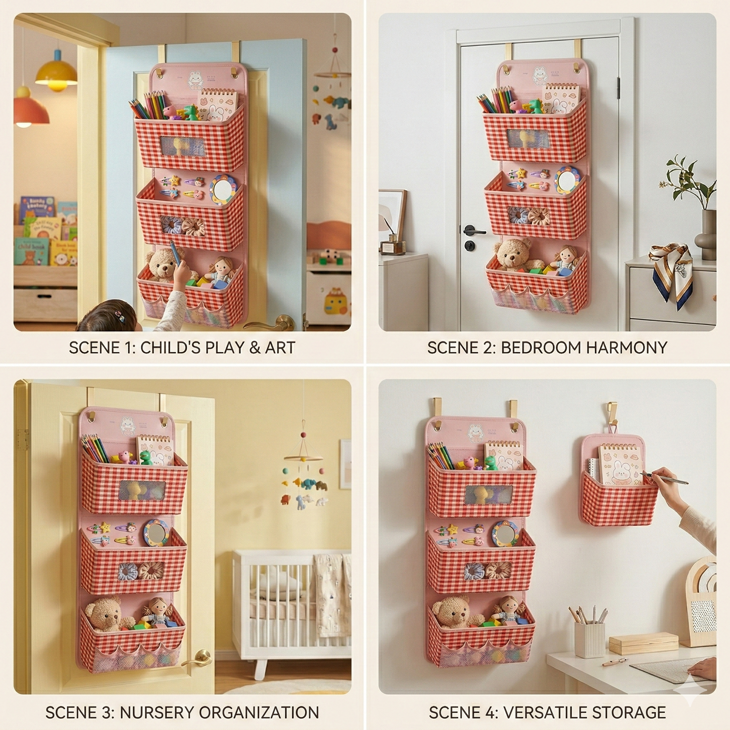 Tiny Shiny Over Door Hanging Organizer — 3 Pocket  Fabric Storage Bag with Mesh Windows | Red Yellow