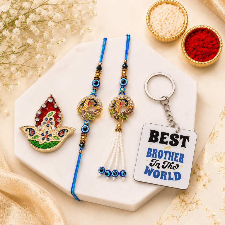 Designer Peacock Rakhi Set of 2 | Evil Eye Rakhi for Brother
