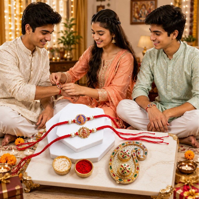 Set of 2 Ganesha & Krishna Rakhi Set for Brother, Bhai, Multicolor