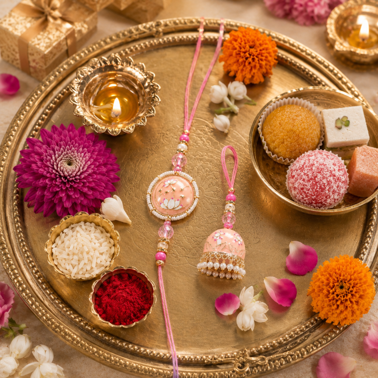 Bhai Bhabhi Rakhi Set | Pink Floral Rakhi with Designer Jhumki Lumba