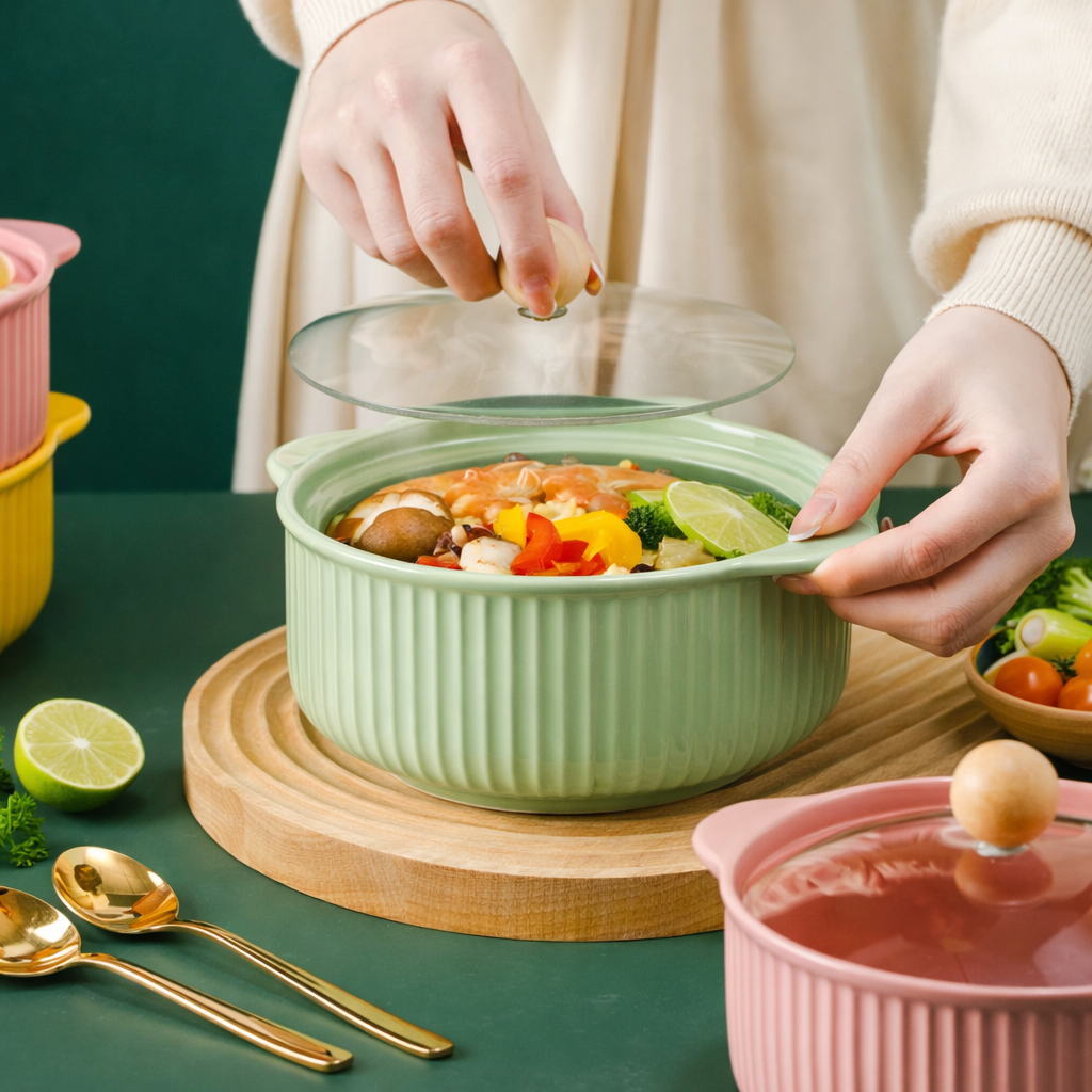 Ceramic Casserole Dish with Lid | Oven Safe, Heat Resistant Cookware | Durable Serving Bowl with Handles | Ideal for Cooking, Baking & Serving (Multi Colour)