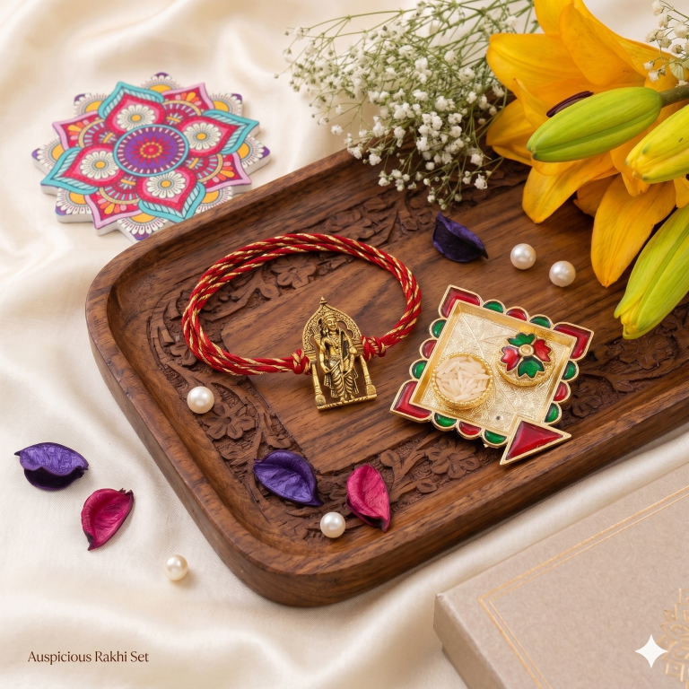 Rakhi Gift Set Brother with Tirupati Ram Lalla Rakhi, Roli Chawa, Sipra, Key Chain and chocolate box