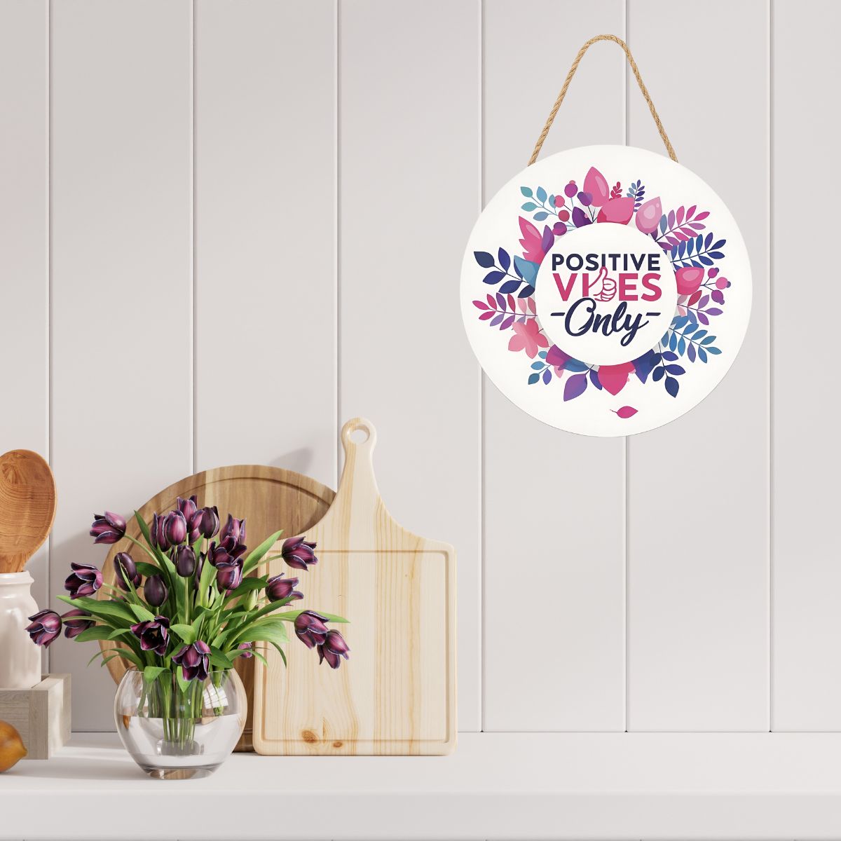 Positive Vibes Only Floral Wooden Hanging Wall Plaque for Home Décor