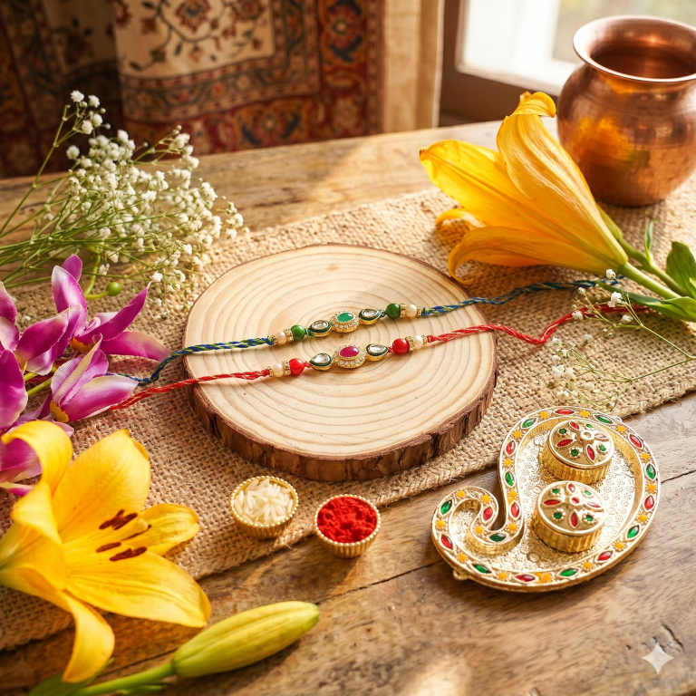 Set of 2 Emerald & Ruby Designer Rakhi Set for Brother & Bhavi, Multicolor
