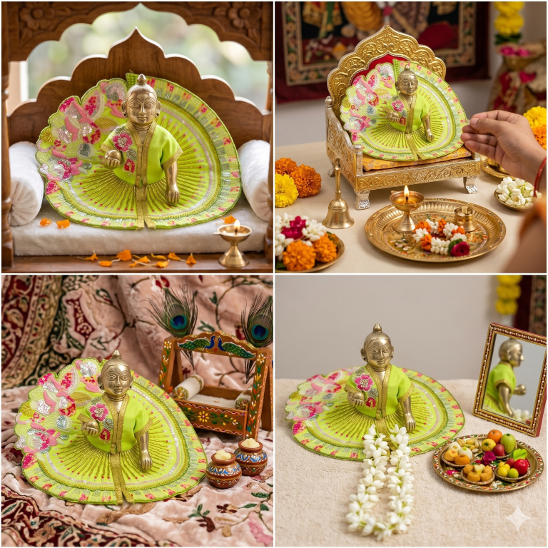 Tiny Shiny Laddu Gopal Poshak Thakur Ji Dress Heavy Designer Dress for Kanha Ji Fancy Dress for Bal Krishna Janmaasthmi Special for Ladoo Gopal Ji (Size-3 to 5)