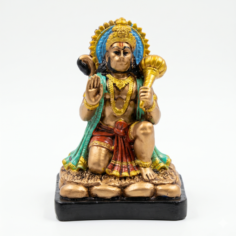 Divine Lord Hanuman Idol with Gada - Antique Bronze Finish & Vibrant Accents (13 cm) | Bajrang Bali Murti for Home & Office