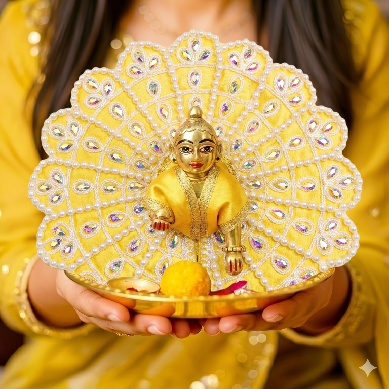 Tiny Shiny Laddu Gopal Poshak Thakur Ji Dress Heavy Designer Dress for Kanha Ji Fancy Dress for Bal Krishna Janmaasthmi Special for Ladoo Gopal Ji (Size- 4 And 5)