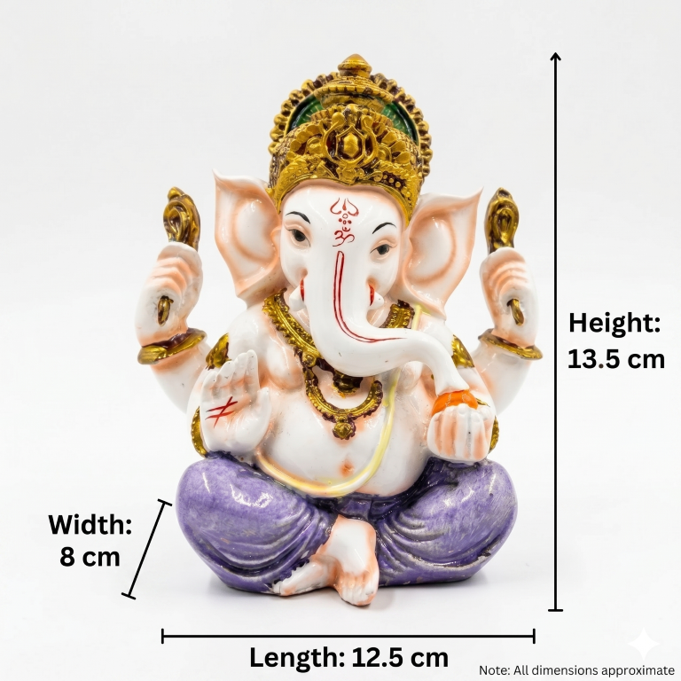 Serene White Marble Finish Lord Ganesha Idol - Elegant Purple & Gold Accents (13.5 cm) | Premium Gifting & Home Decor