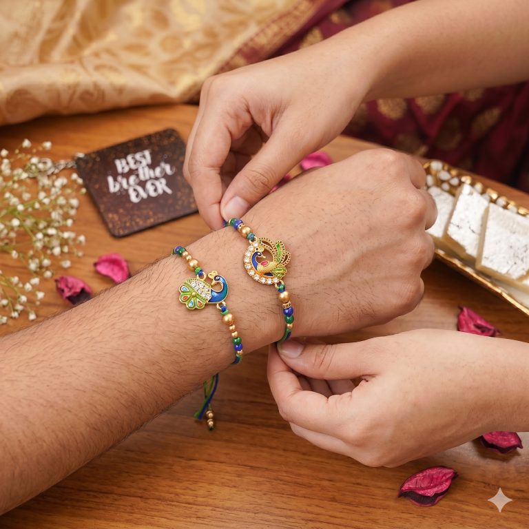 Rakhi Gift Set with 2 Royal Peacock Rakhi Set, Roli Chawa, Sipra, Key Chain and chocolate box
