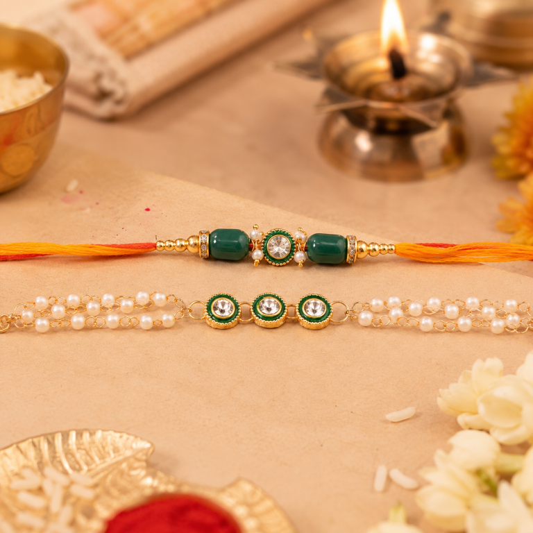 Bhai Bhabhi Rakhi Set | Green Stone Rakhi & Pearl Lumba Bracelet