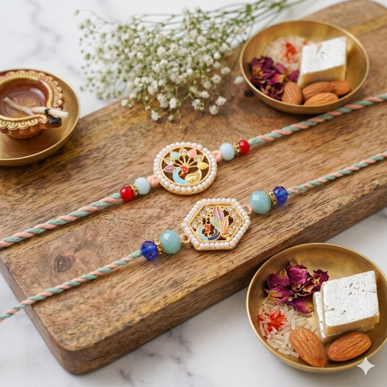 Rakhi Gift Set with 2 Pastel Bird Designer Rakhi Set, Roli Chawa, Sipra, Key Chain and chocolate box