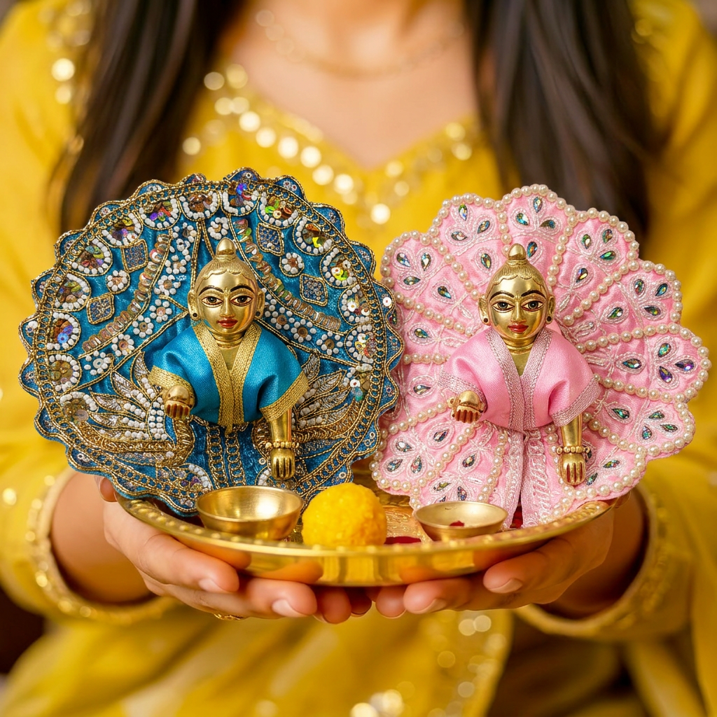 Tiny Shiny Laddu Gopal Poshak Thakur Ji Dress Heavy Designer Dress for Kanha Ji Fancy Dress for Bal Krishna Janmaasthmi Special for Ladoo Gopal Ji (Size-0 to 2)