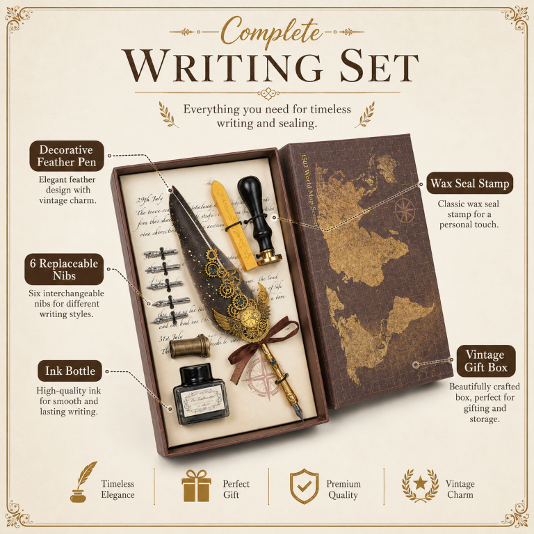 Harri Pott-er Style Feather Quill Pen Calligraphy Writing Set with Ink Bottle & Metal Nibs