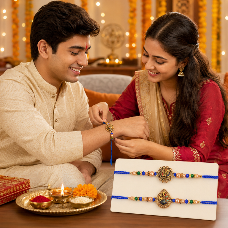 Set of 2 Swan & Peacock Rakhi Set for Brother, Bhai, Multicolor
