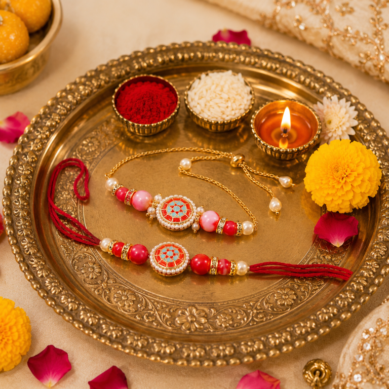 Bhai Bhabhi Rakhi Set | Designer Rakhi & Adjustable Lumba Bracelet
