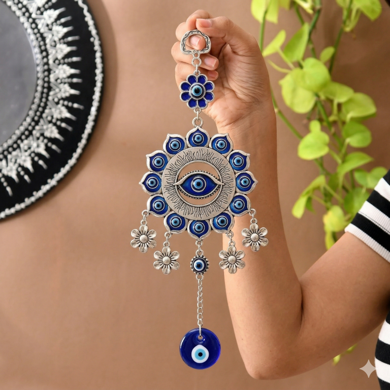 Silver Flower Mandala Evil Eye Wall Hanging with Dangle Charms